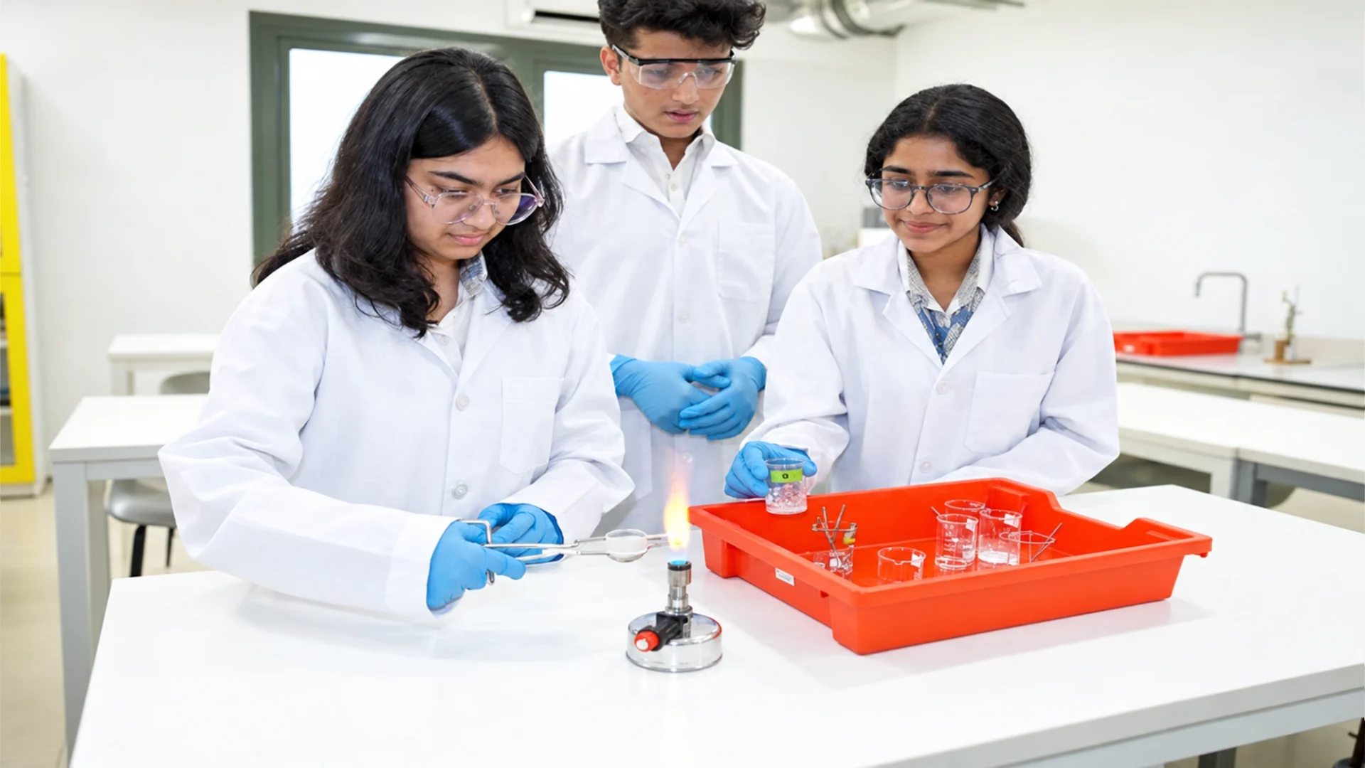 British education standards in UAE: students in lab coats doing a chemistry experiment